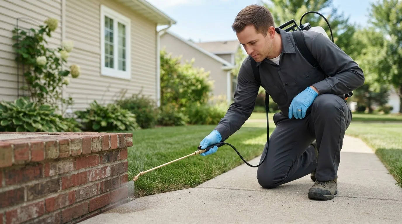 Pest control technician treating a home near Kent, IL