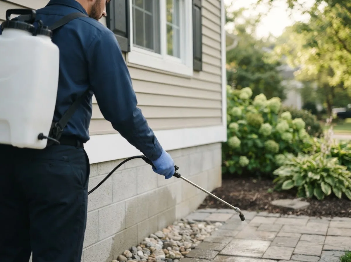 Pest control technician inspecting a home in Kent, IL